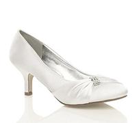 MyShoeStore Womens Satin Heels Ladies Wedding Bridal Bridesmaid Stiletto Low Mid Kitten Heel Diamante Buckle Evening Party Prom Slip On Close Toe Smart Formal Classic Shoes in White, UK 5