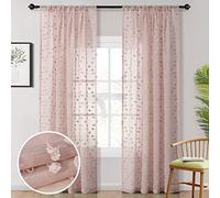 MYSKY HOME Pom Pom Pink Sheer Curtains for Bedroom Light Filtering Semi-Sheer Curtains for Nursery Girls Kids Room Rod Pocket Boho Voile Window Draperies 52 x 84 inch 2 Panels