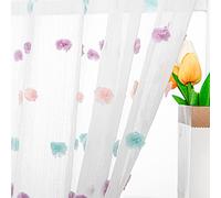 MYSKY HOME Pom Pom Sheer Curtains for Girls' Bedroom and Nursery - Rainbow 72 Inch Long Door Curtains with Rod Pocket - Semi-Transparent, Light Filtering - 52 x 72 Inch, 2 Panels