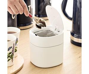 mysmartbuy.com Countertop Waste Bin - 800ml Mini White Worktop Tabletop Desktop Bin for Tea Bags & Pods - Home Kitchen Bathroom Bedroom Office Small Bin with 2 Rolls of Bin Bags