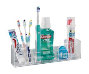 mysmartbuy.com Multi-Compartment Bathroom Organiser - 8 Section Transparent Plastic Caddy Holder for Cosmetics, Toiletries, Toothbrushes, Toothpaste, Mouthwash, Soap - Measures 30 x 7.5 x 8cm