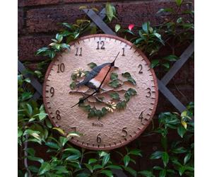 mysmartbuy.com Robin Bird Design 12” Indoor or Outdoor Clock - Battery Powered Weather Resistant Hand Painted Wall or Fence Clock with Hanging Key Slot for Home or Garden - Measures 30cm Diameter