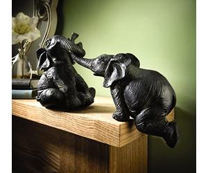 mysmartbuy.com Set of 2 Shelf Sitting Elephants - Decorative Handmade Grey Elephant Sculpture Ornament Home Decorations with Bronze Highlights - Link Elephants Together or Display Separately