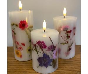 mysmartbuy.com Set of 3 Flower Embedded Real Wax LED Flame Candles - Battery Powered Pillar Candle Lights with Dried Flower Floral Design, Indoor Home Botanical Decoration - Measure H18, H12 & H10cm