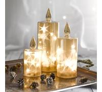 mysmartbuy.com Set of 3 LED Glass Candles with Reflective Stars - Faceted Glass Design for Elegant Light Patterns - Battery Operated Home & Seasonal Décor for Mantles, Shelves & Dining Tables