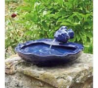 Solar Powered Fish Design Cascade Fountain - Blue Glazed Ceramic Outdoor Garden Water Feature Decoration for Patio, Decking, Lawn, Rockery, Pondside, Yard - Measures H16 x W37 x D32cm