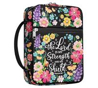 MYSMOR Floral Faith Bible Cover for Women with Handle and Zipper Pocket, Canvas Scripture Case with Psalm Verse, Fits Standard Size Bible, Christian Gift for Mom Daughter Church Use