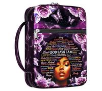 MYSMOR God Says I Am Bible Cover for Women, African American Design Bible Case with Handle and Zipper Pocket, Inspirational Scripture Canvas Bag for Church, Bible Study, Spiritual Christian Gift