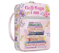MYSMOR God Says I Am Bible Cover for Women, Floral Scripture Bible Case with Handle and Zipper Pocket, Christian Bible Bag for Girls and Ladies, Inspirational Gift for Church and Study Use