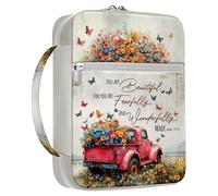 MYSMOR Vintage Red Truck Floral Bible Cover for Women, Scripture Verse Canvas Bible Case with Handle and Zipper Pocket, Fits Standard Size Bible, Christian Gift for Mom, Church Study Bag