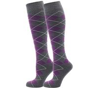 Mysocks 2 Pair Unisex Argyle Knee High Socks, Breathable Cotton Over the Calf Patterned Long Socks for Dress & Casual Wear Purple and Anthracite 8-11