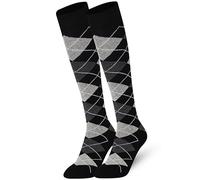 Mysocks 2 Pair Unisex Argyle Knee High Socks, Breathable Cotton Over the Calf Patterned Long Socks for Dress & Casual Wear Black Dark Anthracite White line 8-11