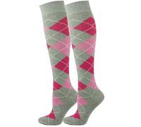 Mysocks 2 Pair Unisex Argyle Knee High Socks, Breathable Cotton Over the Calf Patterned Long Socks for Dress & Casual Wear Ash Fuchsia Pink 8-11