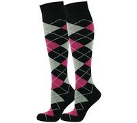 Mysocks 2 Pair Unisex Argyle Knee High Socks, Breathable Cotton Over the Calf Patterned Long Socks for Dress & Casual Wear Black Pink Fuchsia 4-7