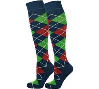 Mysocks 2 Pair Unisex Argyle Knee High Socks, Breathable Cotton Over the Calf Patterned Long Socks for Dress & Casual Wear Navy Green Red 8-11