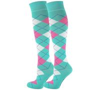 Mysocks 2 Pair Unisex Argyle Knee High Socks, Breathable Cotton Over the Calf Patterned Long Socks for Dress & Casual Wear Mint Base Pink and White 8-11