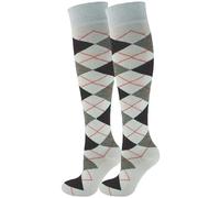 Mysocks 2 Pair Unisex Argyle Knee High Socks, Breathable Cotton Over the Calf Patterned Long Socks for Dress & Casual Wear White Anthracite Ash 4-7
