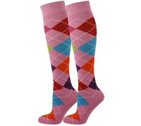 Mysocks 2 Pair Unisex Argyle Knee High Socks, Breathable Cotton Over the Calf Patterned Long Socks for Dress & Casual Wear Multi Colour Pink 8-11