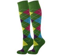 Mysocks 2 Pair Unisex Argyle Knee High Socks, Breathable Cotton Over the Calf Patterned Long Socks for Dress & Casual Wear Multi Colours Green 8-11