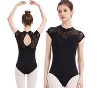 MYSSUCI Womens Black Leotard Turtleneck With Durable Lace Ballet Dance Leotard Full Front Lining Hollow Back Leotards for Adult Gymnastic Dancewear L