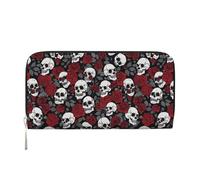 Mystenox Red Rose Floral Small Soft Leather Purses for Women Gothic Goth Skull RFID Blocking Women's Credit Card Holder Ladies Wallets with Zipper Pocket