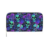 Mystenox Skull Print Women's Wallet Blue Floral Chang Purse Fashion Gothic Goth Flower Compact Wallets with Zipper Around Coin Handbag Bill Wallet with Credit Card Holder