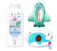 Mysterial Baby Essentials Bundle: Baby Powder 200g, Water Temperature Bath Thermometer, and Natural Baby Bath Sponge - Newborn Bath Set