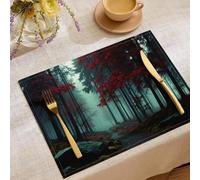 Mysterious And Serene Style Placemats Set of 2, Red Leaf Forest Table Mats 30x45cm Washable Kitchen Dining Table Decoration for Indoor/Outdoor Home Party Decor, Red And Green