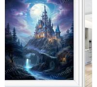 Mysterious Castle Stained Glass Window Film Rustic Moon River Tree Fairytale Style Privacy Window Film Non-Adhesive Glass Film Decorative Static Cling Film for Home Office 60 x 90 cm
