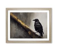 Mysterious Crow Bird Framed Wall Art Print A2 Oak