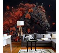 Mysterious Ethnic Wind Horse Wall Mural Autumn Leaves Animals Mural Red Black Photo Wallpaper Art Print Wall Murals Decoration Poster Picture Wallpaper For Living Room Bedroom 300X210Cm (W X H)