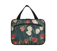 Mysterious Flower Tulipa Red White hanging womens toiletry travel bag with hook, designer chic skincare bag for women travel camping bolso para maquillaje M, mysterious flower Tulipa red white, L