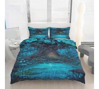 Mysterious Forest Duvet Cover Double Size, Natural Scenery Print Bedding Set, Soft Microfiber Blue Comforter Cover with 2 Pillowcases, with Zipper Closure & Corner Ties S94b