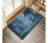 Mysterious Forest Scene Door Mats Indoor Washable,Soft Thin Short Pile Tall Trees In The Fog Doormat Inside For Entryway Kitchen Entrance Floor Mat,Blue-Green,90 X 150 cm