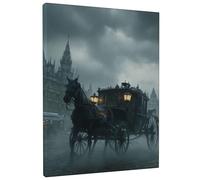 Mysterious Horse Carriage Wall Art, Dark Gray Vintage Horse Drawn Carriage Canvas Print, Gothic Home Decor for Living Room, Bedroom, Office, Wrapped Canvas 16x20 Inch