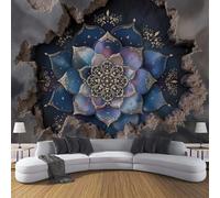 Mysterious Mandala Wallpaper 350 x 256 cm, Blue Wall Murals Lotus Breaking Through The Wall Print Photo Wall Mural, for Living Room Bedroom Children's Room Home Hallway Lounge Decoration