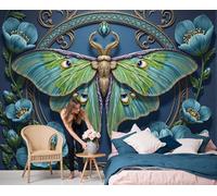 Mysterious Moon Moth Poppy Wallpaper, Fantasy Creatures Mural Wallpaper For Living Room, Retro Bedroom Wall Paper, Not Self Adhesive Turquoise 3D Large Wall Mural Home Decor Poster, 450X315Cm