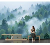Mysterious Pine Forest Photo Wallpaper 400×280 Cm, Misty Mountain Forest Landscape Non Woven Fabric Wallpaper for Living Rooms, Bedrooms, Kitchens, Foyer, and Offices, Green
