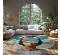 Mysterious Surreal Round Area Rugs 120cm Illustrated Sci-Fi Blue Sky Woman Decor Carpet Ultra Soft Fluffy Circle Rug for Studio Powder Room
