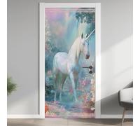 Mysterious Unicorn Door Murals, Colorful Stream Door Stickers Interior Wall Mural, Fairy Tale Forest Wallpaper Self Adhesive Vinyl Door Decals, for Living Room Bedroom Bathroom Decor, 90x200 cm