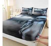 Mystery Alien Fitted Sheet Kingle Size,Spacecraft Lights Mattress Cover Outer Space Bedding Set for Kids Adults Gray Silver Deep Pocket Sheet 3Pcs,No Top Flat