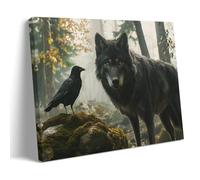 Mystery Black Wolf And Crow Forest Canvas Wall Art Hanging Paintings Art Print Wall Decor for Home Office School Wall Decoration 20x30inch(50x75cm)