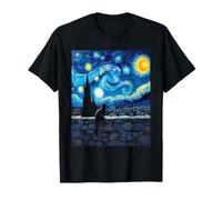 Mystery Charming Black Cat Stone Wall Van Gogh Art Style T-Shirt