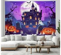 Mystery Horror Themes Tapestry Wall Hanging Haunted Houses Pumpkin Lanterns Spooky Cemeteries Tapestries Aesthetic For Bedroom Living Room College Dorm Wall Tapestry Decor Backdrop 150L×130Wcm