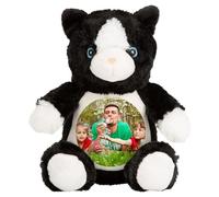 Mystery Pins Personalised Photo Cat Soft Toy, 22cm, Custom Kitten Plush Teddy Printed with Your Picture - Black & White