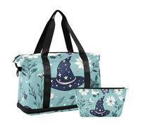 Mystery Witch Hats Blue Boho Travel Overnight Carry on Bag with Wet Pocket Adjustable Strap Gym Bag for Travel 2 Pcs Set for Men Women