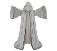 Mystic Adult Wizard Robe with Dutch Velvet,Medieval Knight Hooded Cloak, Flare Sleeve Style Wizard Outfit of the Renaissance Period for Halloween, Masquerade and St. Patrick's Day(Light Grey-170cm)