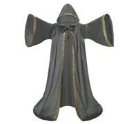 Mystic Adult Wizard Robe with Dutch Velvet，Medieval Knight Hooded Cloak, Flare Sleeve Style Wizard Outfit of the Renaissance Period for Halloween, Masquerade and St. Patrick's Day(Grey-150cm)