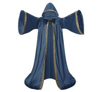 Mystic Adult Wizard Robe with Dutch Velvet,Medieval Knight Hooded Cloak, Flare Sleeve Style Wizard Outfit of the Renaissance Period for Halloween, Masquerade and St. Patrick's Day(Blue-170cm)