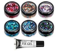 Mystic Chunky Glitter by Moon Glitter - Set of 6 Colours + Fix Gel - Cosmetic Festival Makeup Glitter for Face, Body, Nails, Hair, Lips - 3g